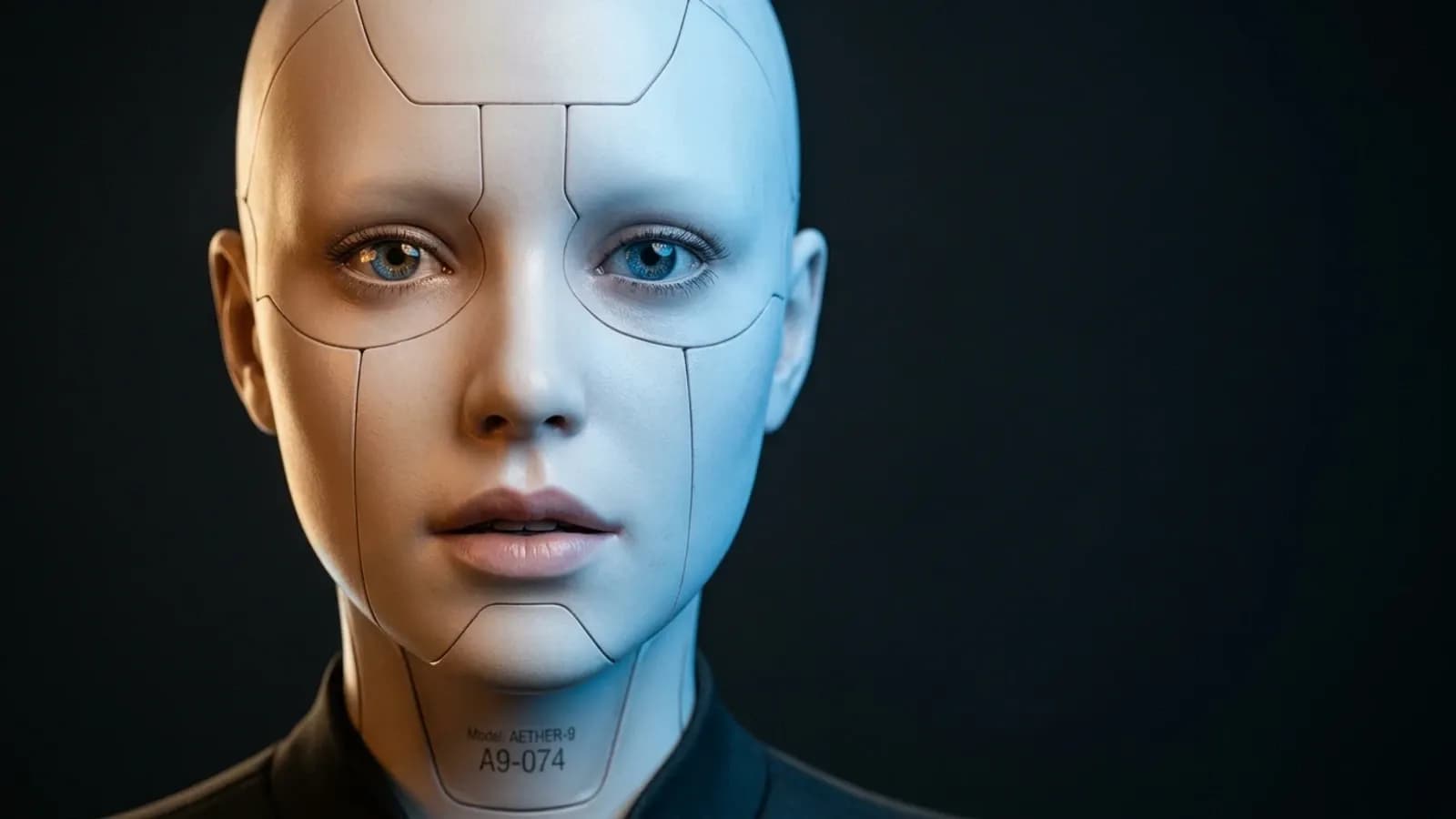 Visage d'androide eclaire moitie en lumiere chaude moitie en bleu froid, illustrant l'intelligence emotionnelle des IA mesuree par EQ-Bench