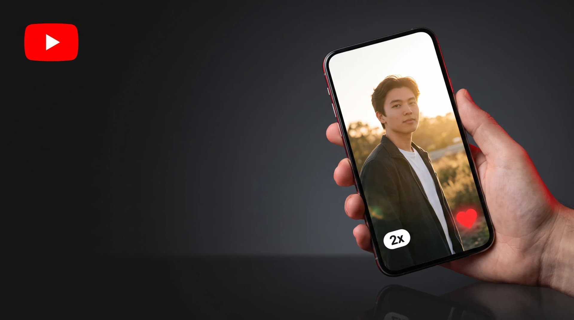 Smartphone affichant un Short YouTube en ecran epure avec un badge de lecture x2, un coeur rouge et le logo YouTube en haut a gauche