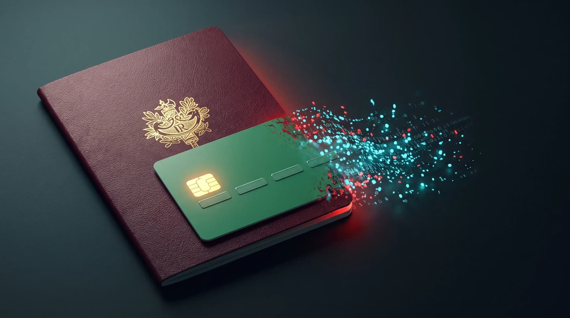 Passeport français bordeaux et carte à puce dont les données se dissolvent en flux binaire, symbole des fuites de données en France en 2026