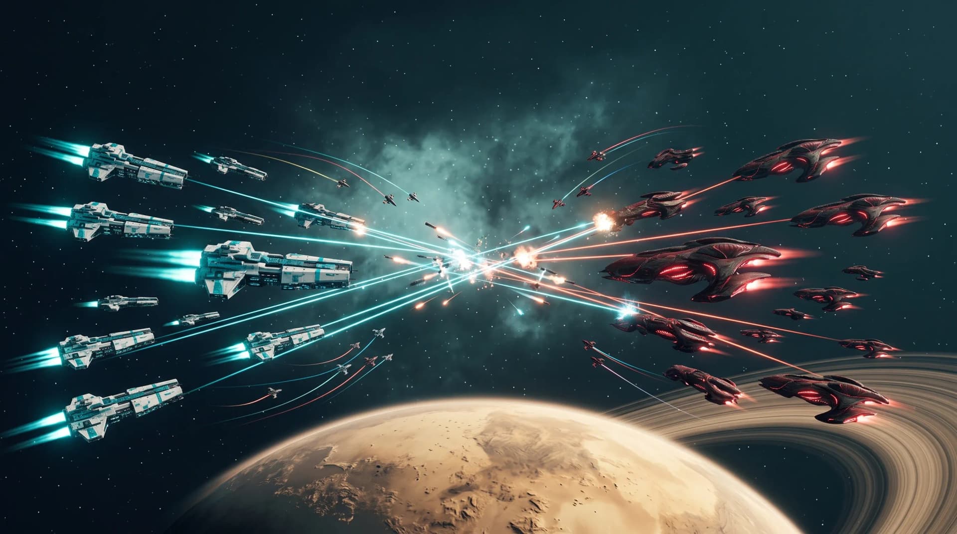 Bataille spatiale entre deux flottes de vaisseaux, évocation du RTS ZeroSpace