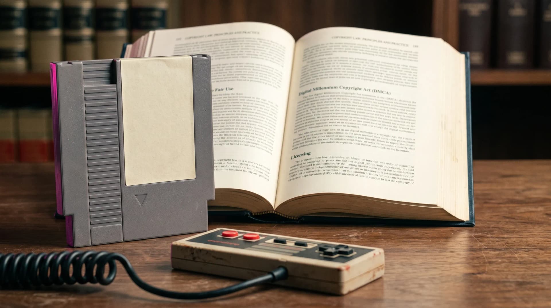Cartouche de jeu retro posee contre un ouvrage de droit d'auteur ouvert, avec une manette vintage sur un bureau en bois