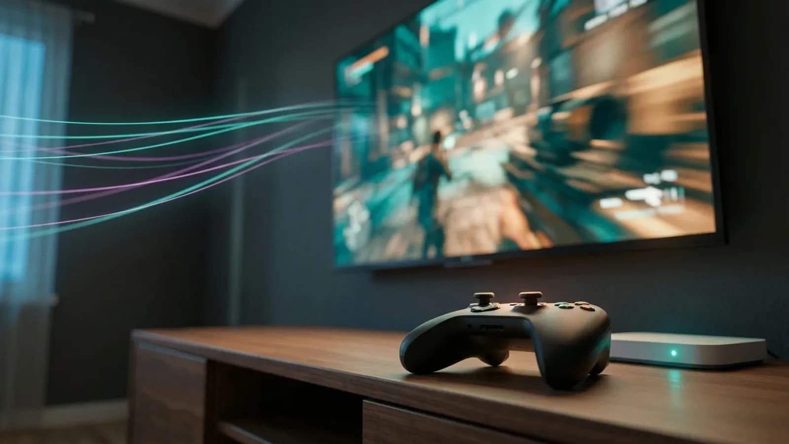 Manette de jeu sans fil devant un téléviseur affichant un jeu streamé depuis le cloud, sans console visible