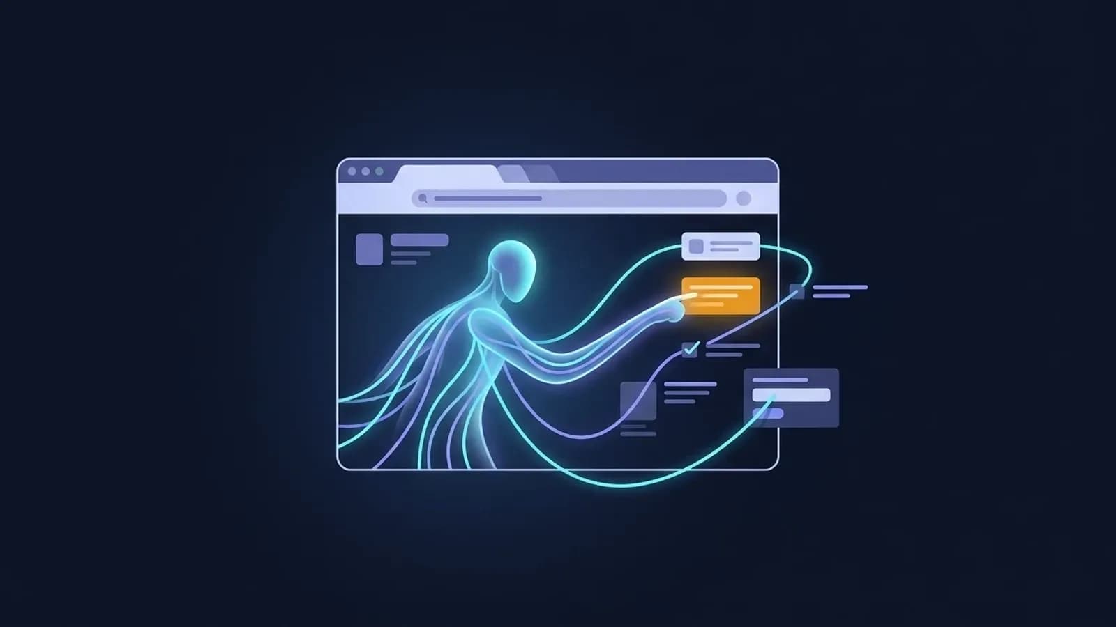 Illustration d'un navigateur web augmente par un agent IA qui agit seul sur la page